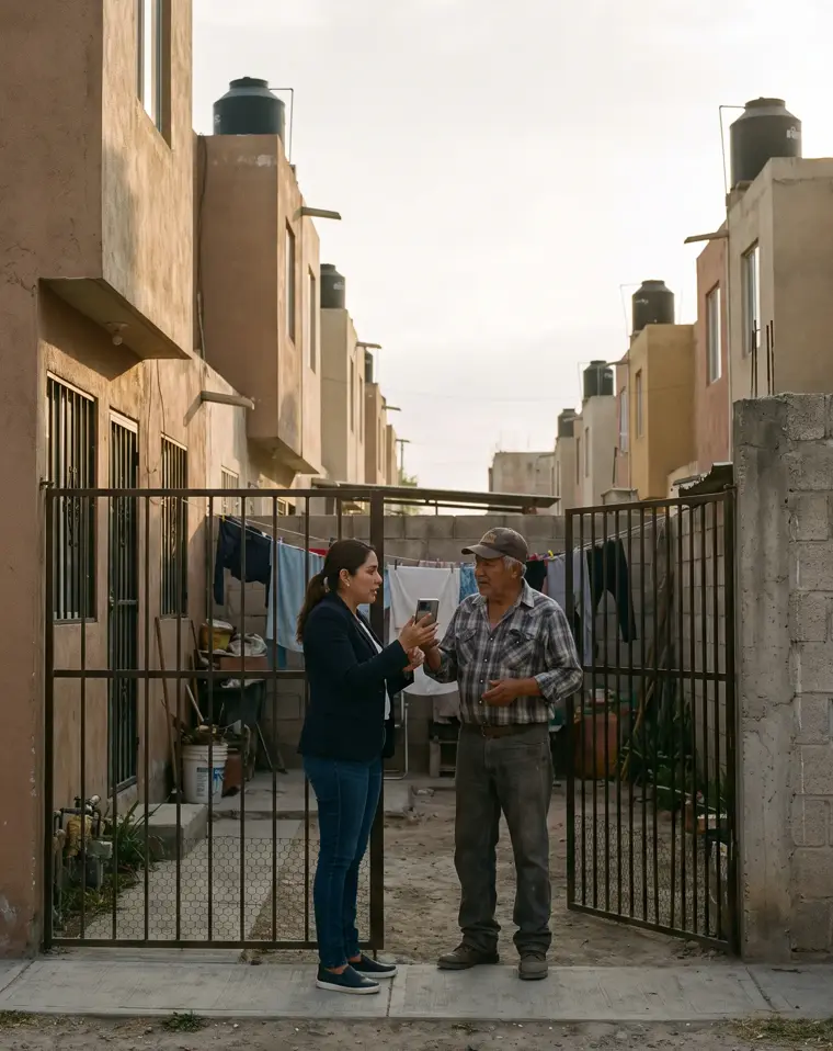 Asesora de MaxConection platicando con un propietario en la reja de su casa